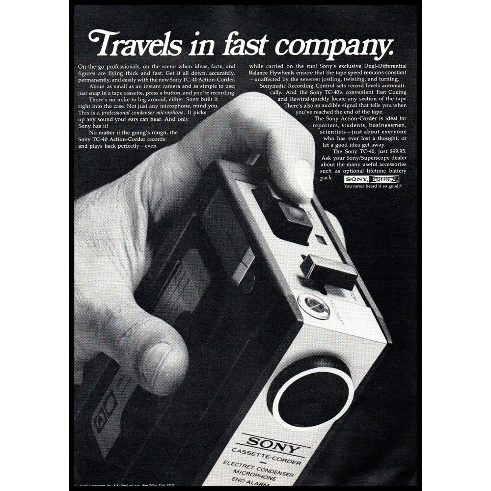 1970 Sony TC-40 Action Corder Tape Cassette Recorder Vintage Print Ad Wall Art